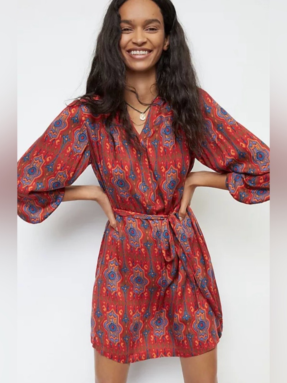 NWT Anthropologie Tiny Rosemary Tunic Dress Red Blue Ikat Print Belted Boho XS